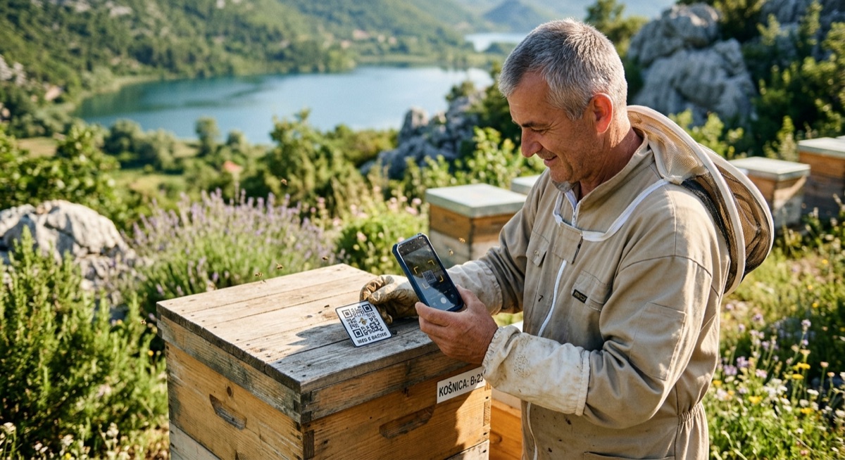 Pčelar u zaštitnom odijelu mobitelom skenira QR naljepnicu na poklopcu košnice, iznad dalmatinskog jezera.