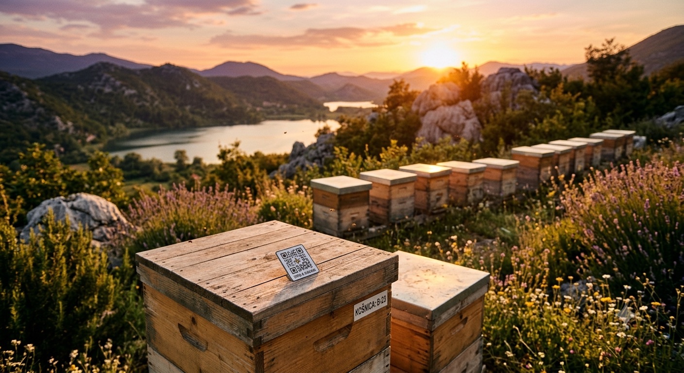 Pčelinjak pred zalazak sunca: red košnica s QR oznakama iznad jezera, sunce zalazi za brda.