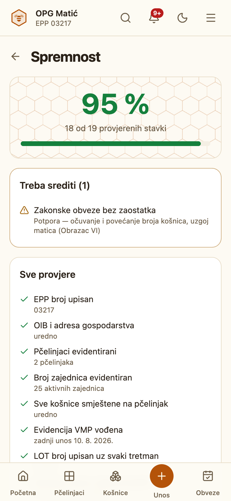 Ekran spremnosti u aplikaciji: 95 % , 18 od 19 provjerenih stavki, uz jednu stavku koju treba srediti.